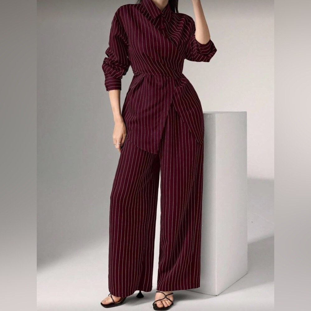 Elegant Burgundy Striped Two Piece Suit